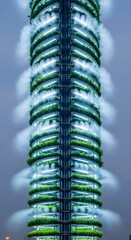 Vertical Farm Skyscraper with Hydroponic Greenery and LED Lighting at Night, Sustainable Agriculture, Urban Farming