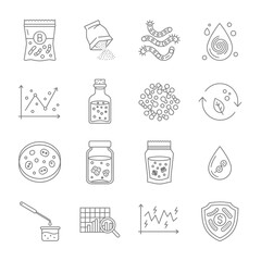 Scientific icons depict biotechnology, microbiology, and medical research in a modern, minimalist style, perfect for illustrating science concepts, data analysis, and laboratory processes