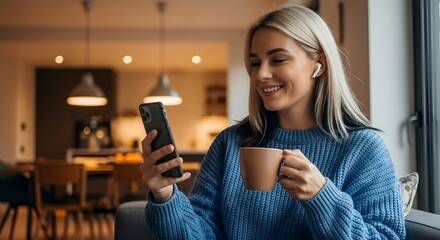 Young Woman with Blonde Hair Smiling While Holding Coffee Cup and Using Smartphone happy
