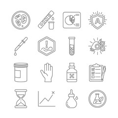 Laboratory Testing Line Icons – Diagnostics, Analysis, Safety, Biotechnology, Medical Sample, Research Outline Set