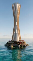 Futuristic Floating Eco-Tower with Coral Reefs, Sustainable Architecture Concept for Coastal Resilience and Ocean Conservation, 3D Render