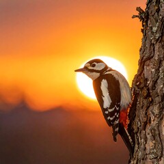 A woodpecker clings to a tree trunk, silhouetted against a brilliant orange sunset. The sun's warmth bathes the scene