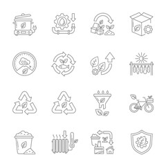 Eco-Friendly Lifestyle Icons for Sustainable Living Designs Featuring Recycling, Renewable Energy, and Green Transportation, Ideal for Environmental Awareness Campaigns