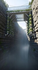 Futuristic Canyon Bridge with Vertical Gardens and Waterfall - Sustainable Architecture Concept