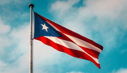 Realistic photograph of the vibrant Puerto Rican flag proudly waving on a tall flagpole under a bright, sunny sky, symbolizing national identity