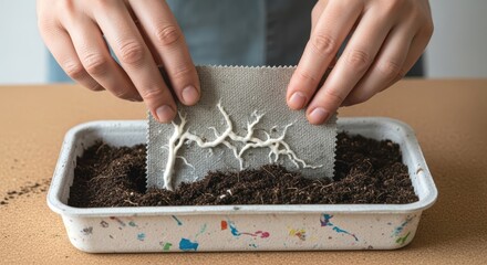 Hands carefully placing a fabric sample with a rootlike design into a container of soil, creating a natureinspired artwork