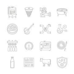 Dairy processing icons, perfect for illustrating milk production, cheese making, and quality control, this modern vector art provides a fresh look at farm to table concepts