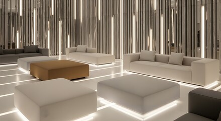 Modern Hotel Lobby Lounge with Stylish Sofas and Ottomans, Contemporary Interior Design, Luxury Hospitality Space