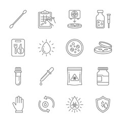 Modern line art icons showcasing medical research and lab testing, perfect for healthcare presentations or pharmaceutical marketing materials, originally a scalable vector graphic