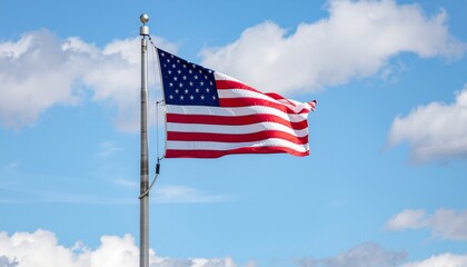 The American flag proudly waves against a clear blue sky filled with fluffy white clouds