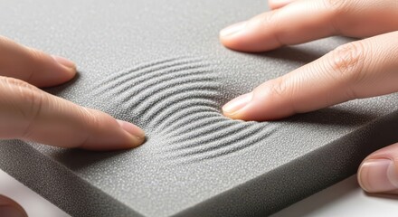Close up of fingers pressing into a gray memory foam, creating a ripple effect, showcasing its softness and elasticity, and demonstrating pressure relief