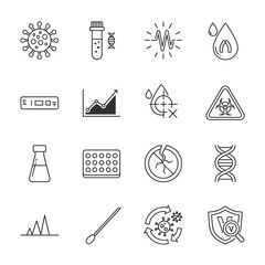 Essential medical icons depicting virus research, DNA, biohazard, and scientific progress, ideal for healthcare websites and educational materials, conveying health and safety