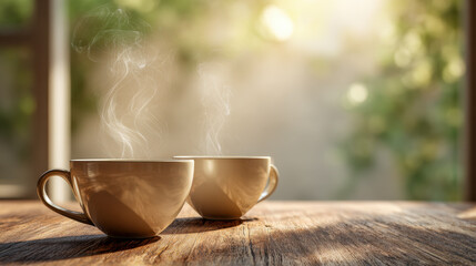 Two warm ceramic cups with steaming hot coffee or tea sitting on a rustic wooden table bathed in soft natural sunlight with a blurred garden background