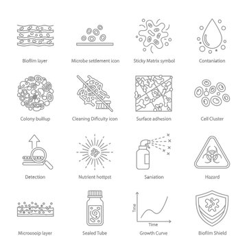 Essential vector icons showcasing biofilm science and cell biology, perfect for educational materials and research presentations, a clean and modern graphic resource