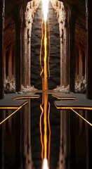 Futuristic Temple Corridor with Glowing Lava Stream, Ancient Ruins, Fantasy Architecture, 3D Render