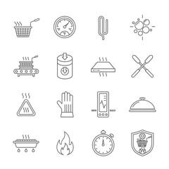 Essential commercial kitchen equipment icons symbolize food preparation safety, temperature control, timing, and hygiene, showcasing a modern, professional culinary environment