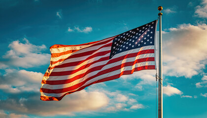 Waving American Flag Against a Sky of Sunlight and Clouds on a Summer Day