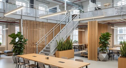 Modern Open Office Space with Stairs, Natural Light, and Wood Accents for Co-working and Collaboration, Interior Design