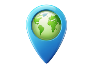 Blue map pointer with globe isolated on transparent background
