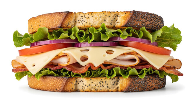 Gourmet Deli Sandwich with Turkey, Bacon, Swiss Cheese, and Fresh Vegetables on Poppy Seed Toast