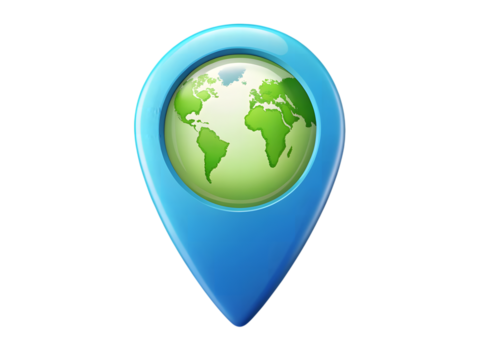 Blue map pointer with globe isolated on transparent background