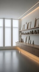 Modern Minimalist Interior with Shelves, Art, and Natural Light - Home Decor, Interior Design, Contemporary Style