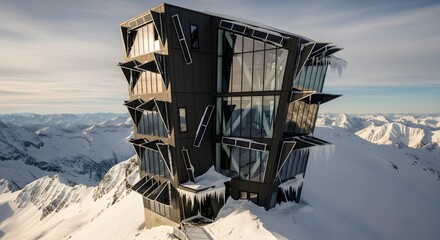 Modern Architecture: Ice Q Restaurant on Gaislachkogl Mountain, Sölden, Austria. Winter Landscape and Glass Facade Design.