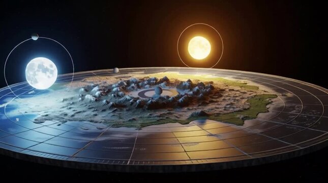 Animated Earth Model Showing Sun and Moon Orbiting a Flat Disc with Surrounding Space Scene