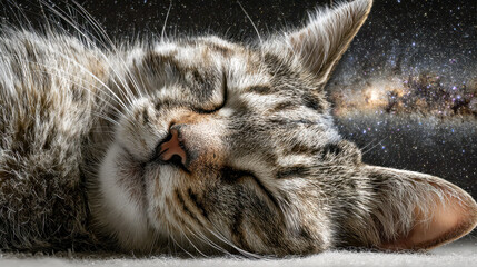 Serene sleeping tabby cat resting peacefully with eyes closed against a breathtaking starry night sky with cosmic galaxy in the background
