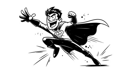 Dynamic black and white sketch of a joyful superhero leaping with outstretched hand and clenched