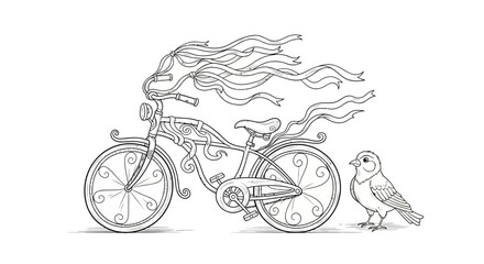 Obraz premium Whimsical bicycle illustration with flowing ribbons and a curious avian friend standing nearby