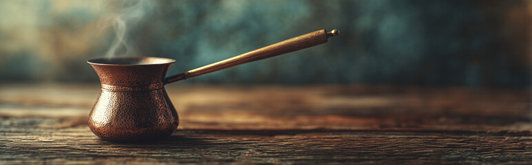 Traditional Copper Cezve on Rustic Wooden Table with Warm Natural Light