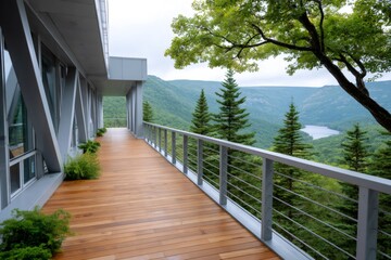 Obraz premium Modern building terrace overlooking forest valley and lake