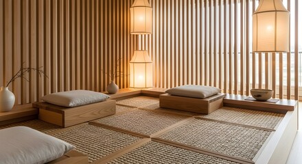 Minimalist Japanese-Style Interior with Tatami Mats, Cushions, and Paper Lanterns for Relaxation and Meditation Spaces
