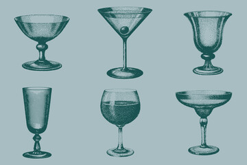 Modern Retro Sketch drinking glass set. Vintage halftone Wine, Champagne, Hurricane, Martini, Margarita. vector illustration. Eps 10