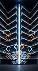 Futuristic Neon Light Installation: Abstract Geometric Design with Glowing Shapes and Modern Architecture - Vertical