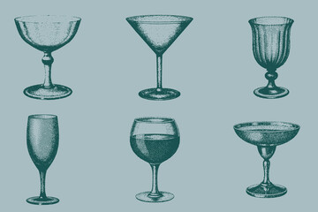 Modern Retro Sketch drinking glass set. Vintage halftone Wine, Champagne, Hurricane, Martini, Margarita. vector illustration. Eps 10