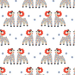 Seamless pattern with Dymkovo clay toy Goat. Horns