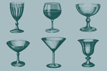 Halftone Sketch glass set. Vintage retro Hurricane, Martini, Margarita, Wine, Champagne vector illustration. Eps 10