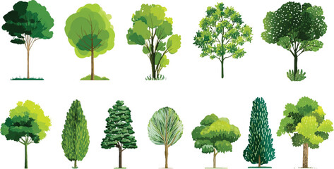 Minimal style cad tree line drawing, Side view, set of graphics trees elements, tree sketches, silhouette tree vector element © appl