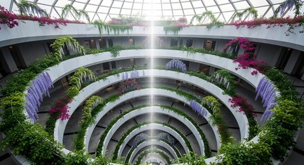 Luxury Hotel Interior with Balconies and Hanging Plants, Modern Architecture and Design, Travel Destination, Resort