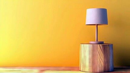 A minimalist table lamp with a light-colored shade is placed on a textured wooden stump, set against a bright yellow background.