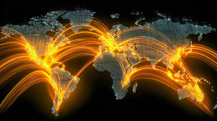 Global digital communication and data transfer visualized by glowing orange network connections spanning continents on a detailed illuminated world map background