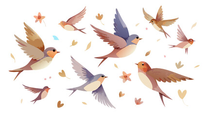 Obraz premium Elegant Swallows in Flight with Delicate Floral Accents a Whimsical Springtime Illustration on a White Background