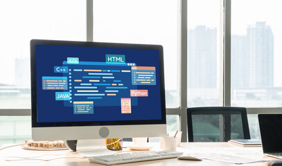 Software development or programming work with coding screen of various programming languages like HTML, , , and C brisk for new application development