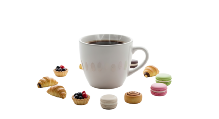 Low Angle Coffee Mug Framed with Sweet Pastry Bites on Clean White Studio
