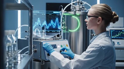 A female scientist with safety glasses and gloves interacting with laboratory equipment displaying data graphs in a modern laboratory setting. Perfect for science, technology presentations. - Powered by Adobe
