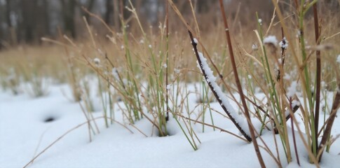 Snowflakes gently accumulating on abstract natural elements like bare branches or dried grasses, creating a delicate and artistic winter composition. Close up of bare tree branches and dried grasses