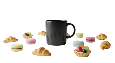 Low Angle Coffee Mug Framed with Sweet Pastry Bites on Clean White Studio