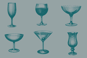 Drinks and beverages hand drawn glass set vector illustration. Margarita, Wine, Champagne, Hurricane, Martini glass. Eps 10
